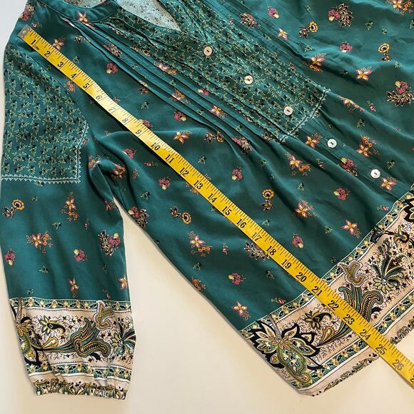 Fig and Flower Peasant Top Womens Large Green Cottage Floral Border Boho Blouse - Picture 9 of 10